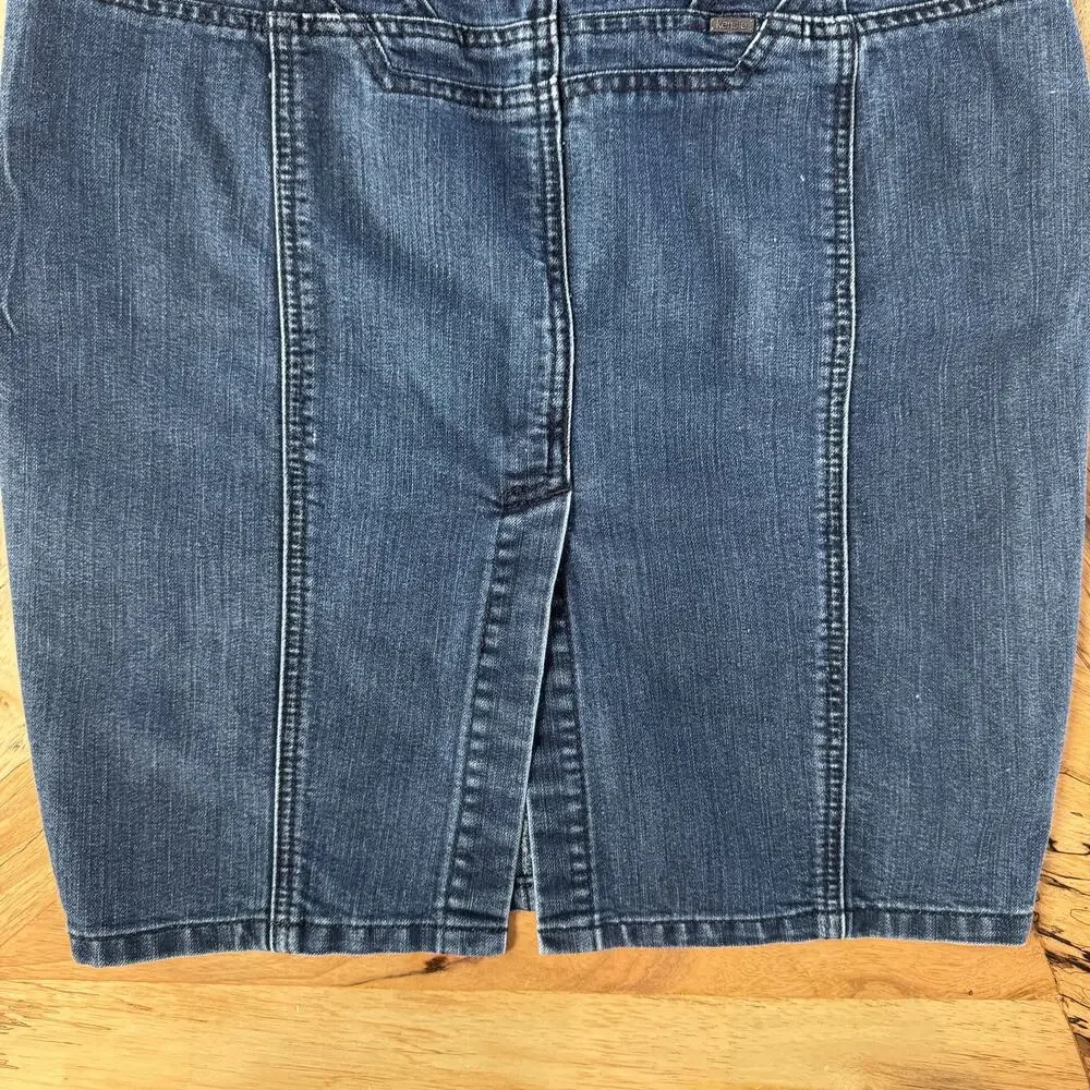 Kensie Dark Wash Paneled Denim Pencil Skirt Stretch Midi 90's Style Retro Large